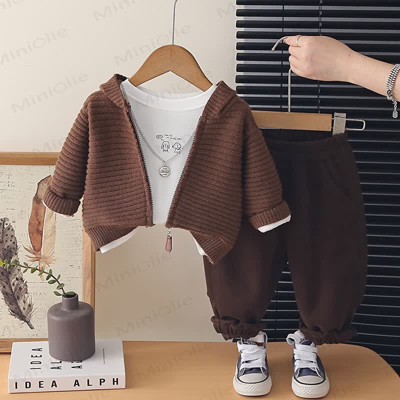 Toddler Baby Boy Casual Zip Knit 3-piece Set - Brown - 4-5T - image 2