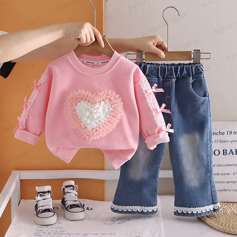 Toddler Baby Girl Tulle Heart Sweatshirt and Denim Pants 2-piece Set - Pink - 4-5T - image 2