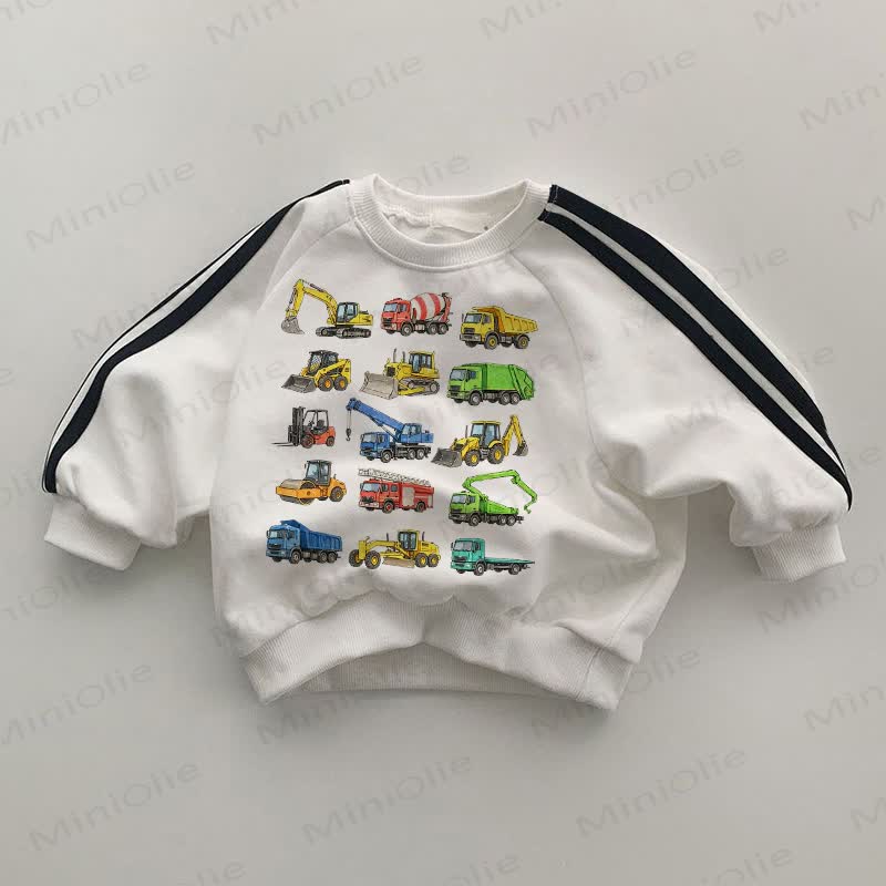 Baby Excavator Black Striped Sleeve White Sweatshirt - White - 2-3T - image 1