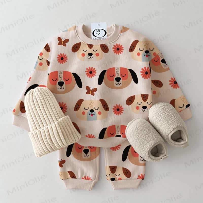 Baby Beige Puppy and Flower Print 2-piece Set - Beige - 3-5T - image 1