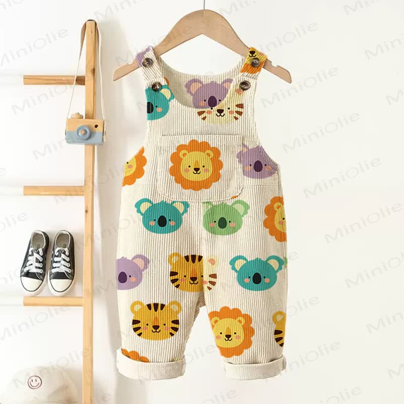 Baby Toddler Animal Head Beige Corduroy Pocket Overalls - Beige - 5-7T - image 1