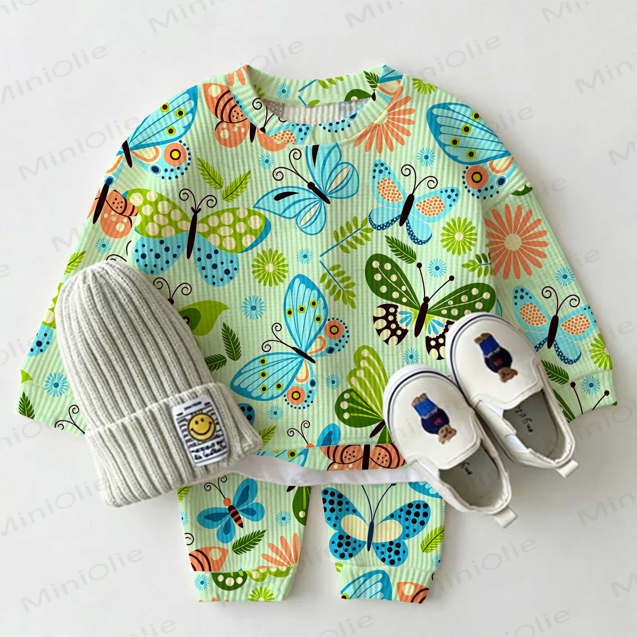 Baby Green Butterfly Print Waffle 2-piece Set - Green - 2-3T - image 1