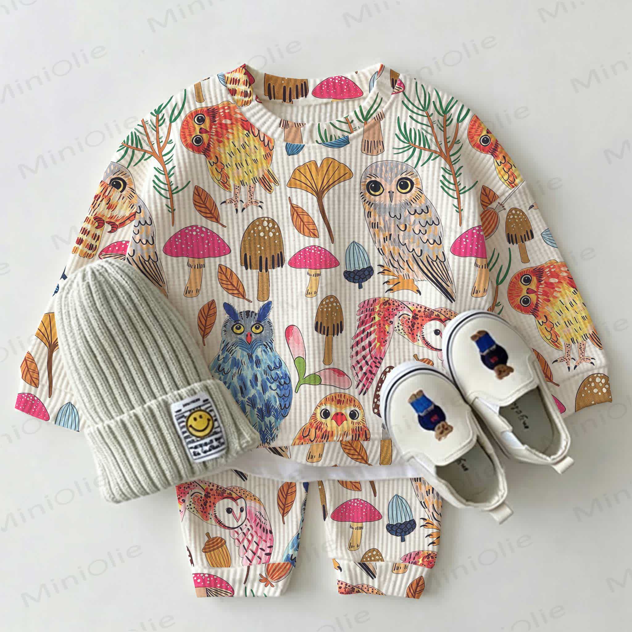 Baby White Owl Print Waffle 2-piece Set - White - 2-3T - image 1