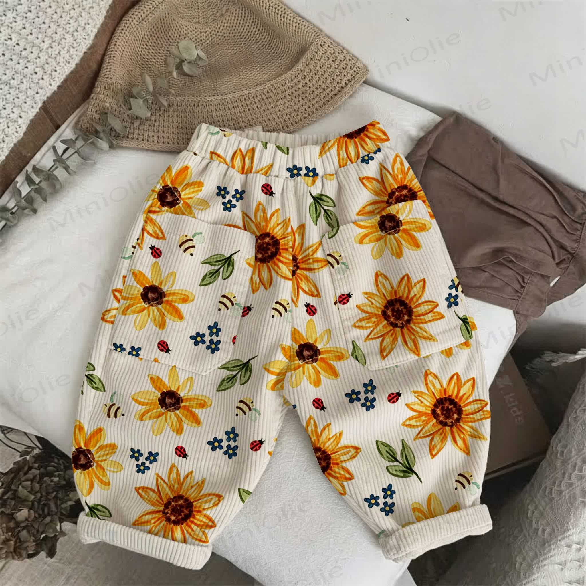 Baby Toddler Sunflower and Bee Print Beige Cord Pants - Beige - 5-7T - image 1