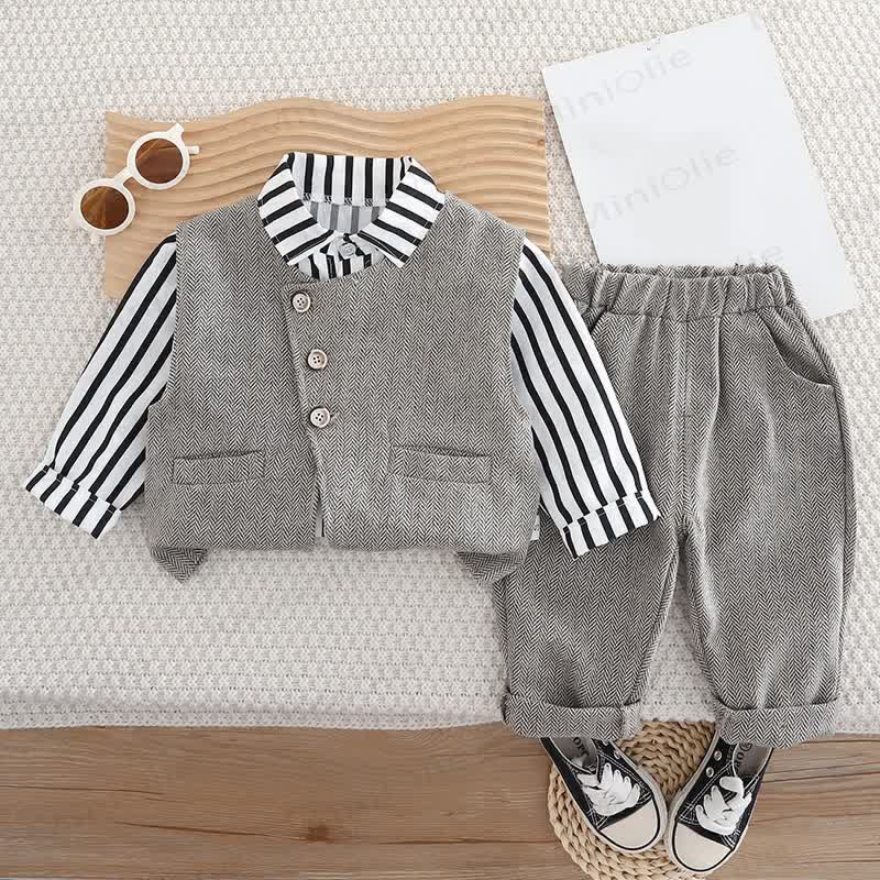 Toddler Baby Boy Asymmetric Vest and Striped Shirt 3-piece Set - Gray - 4-5T - image 2