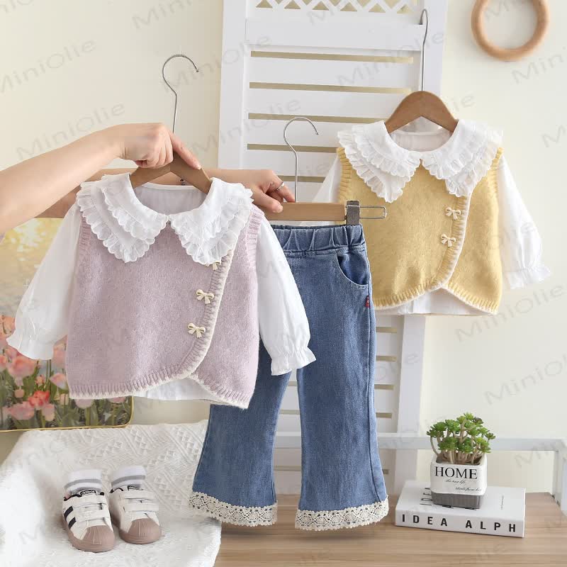 Toddler Baby Girl Bow Knit Vest 3-piece Set - image 1