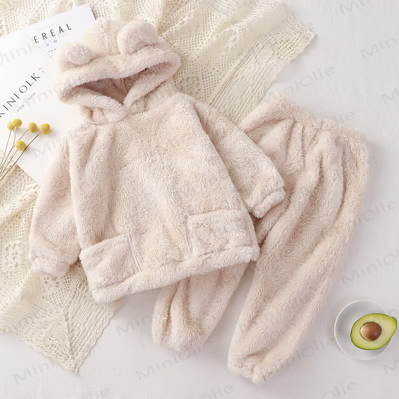 Baby Toddler Bear Ear Hooded Fleece Loungewear 2-piece Set - Beige - 4-5T - image 2