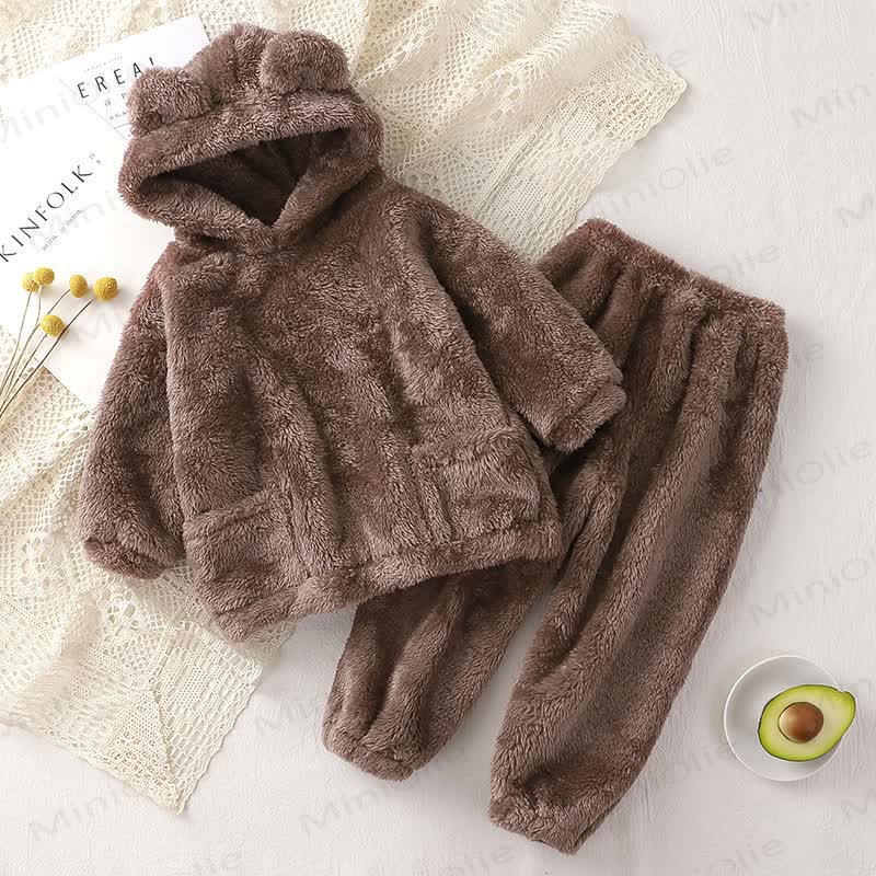 Baby Toddler Bear Ear Hooded Fleece Loungewear 2-piece Set - Brown - 4-5T - image 6