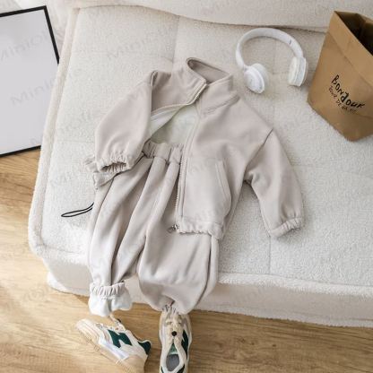 Baby Toddler Mock Neck Fleece Zip Up 2-piece Set - Beige - 4-5Y - image 3
