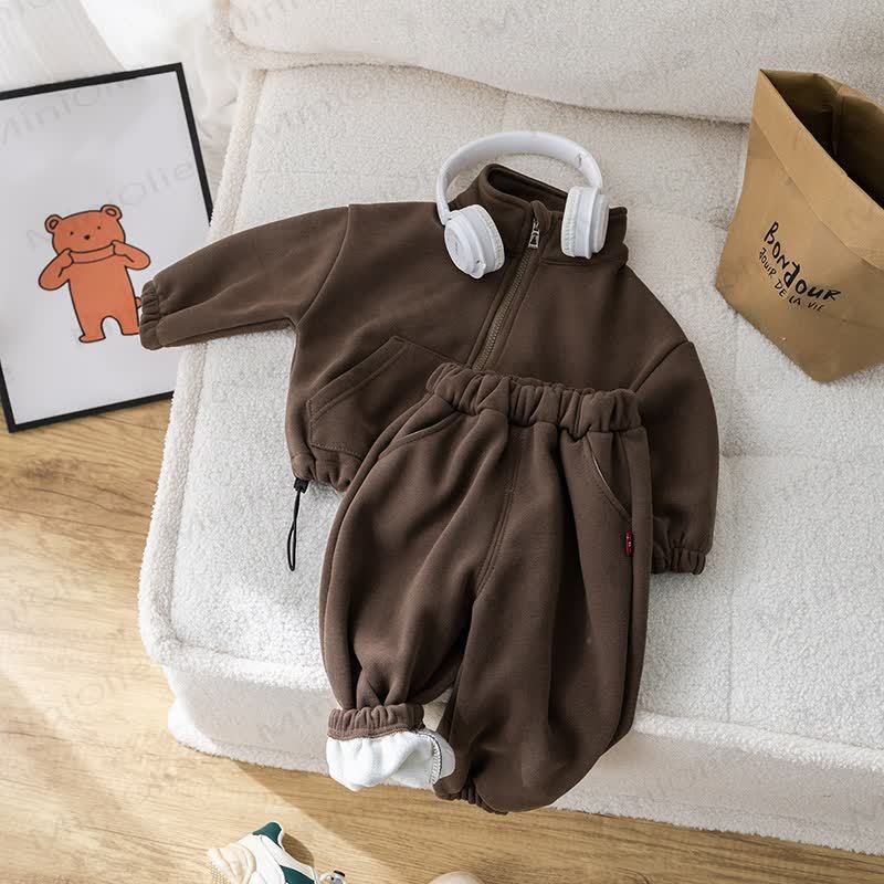 Baby Toddler Mock Neck Fleece Zip Up 2-piece Set - Brown - 4-5Y - image 2
