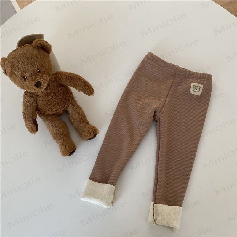 Toddler Bear Patch Ribbed Fleece Lined Leggings - Brown - 6-7T - image 8