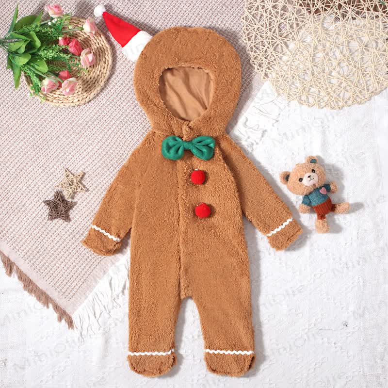 Baby Gingerbread Hooded Plush Christmas Footed Romper - Beige - 18-24M - image 1