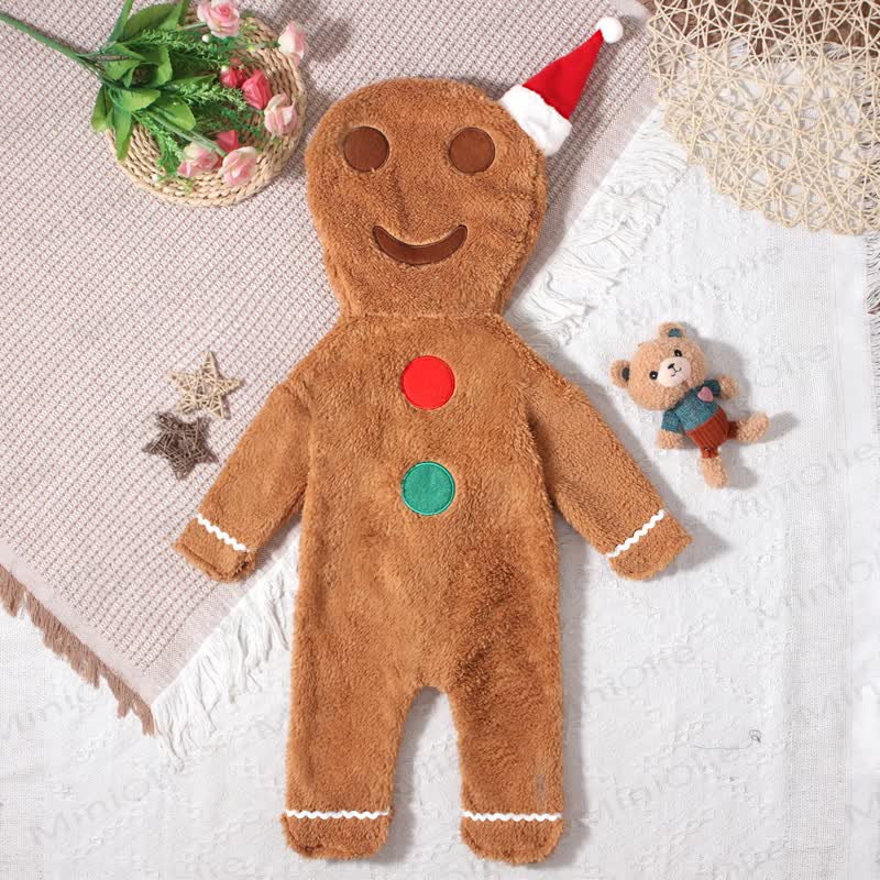 Baby Gingerbread Hooded Plush Christmas Footed Romper - image 2