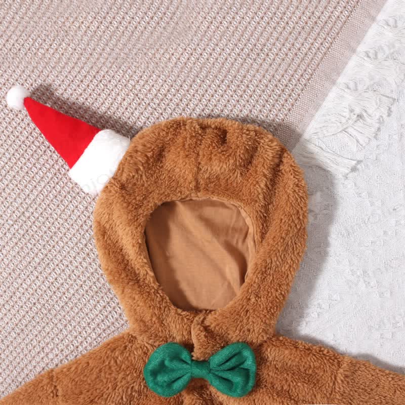 Baby Gingerbread Hooded Plush Christmas Footed Romper - image 3