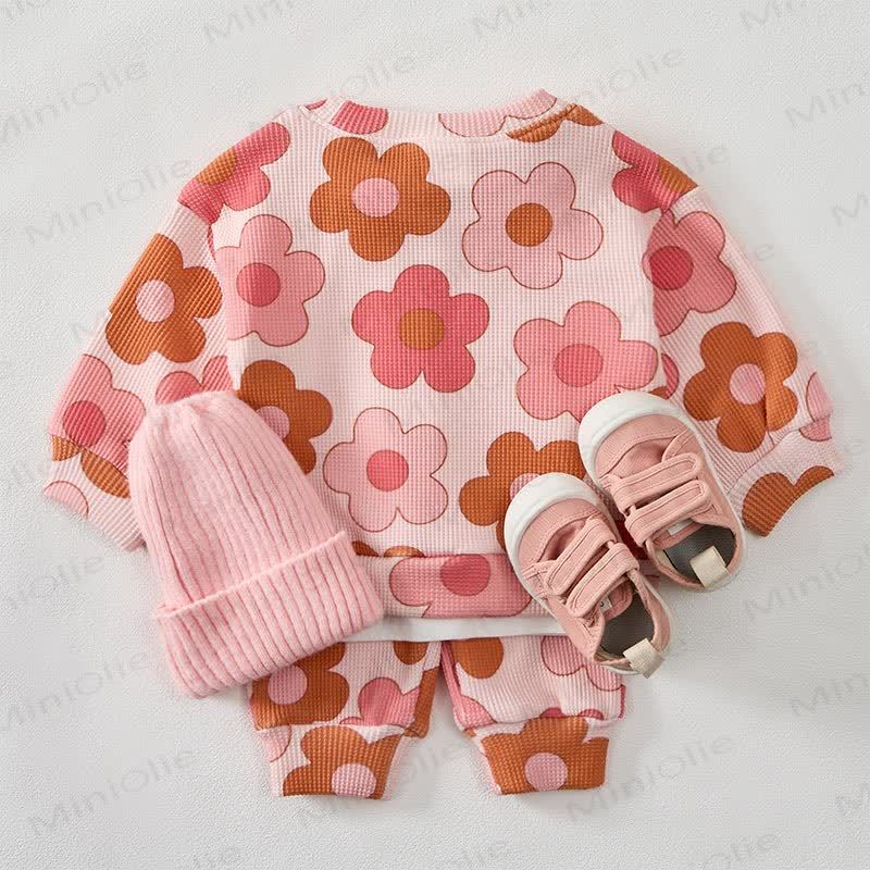 Baby Pink Flower Waffle Sweartshit and Pants 2-piece Set - image 3