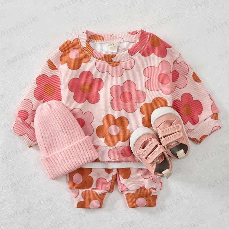 Baby Pink Flower Waffle Sweartshit and Pants 2-piece Set - image 2