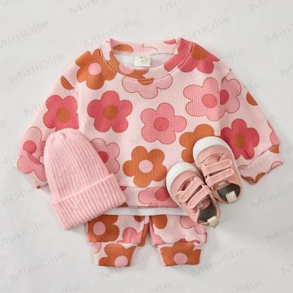 Baby Pink Flower Waffle Sweartshit and Pants 2-piece Set - image 2