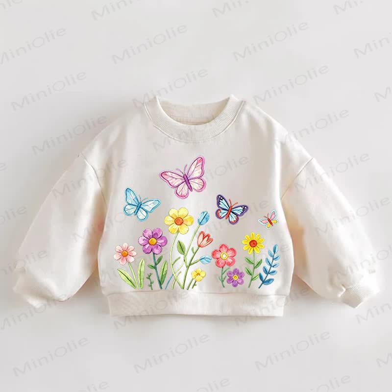 Baby Toddler Butterfly and Flower Print Cream Sweatshirt - Cream - 3-5T - image 1