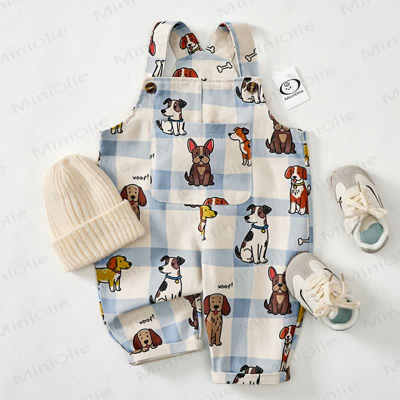 WOOF! Baby Toddler Dog Print Blue Checkered Overalls - image 2
