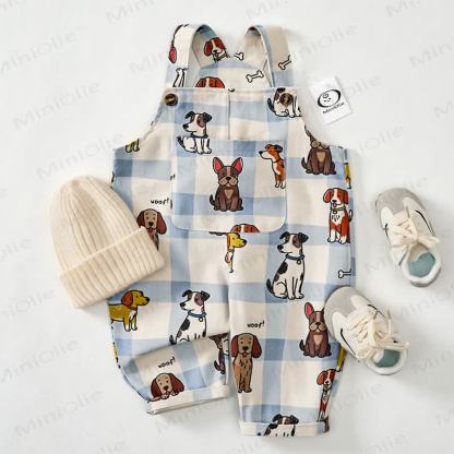 WOOF! Baby Toddler Dog Print Blue Checkered Overalls - image 2