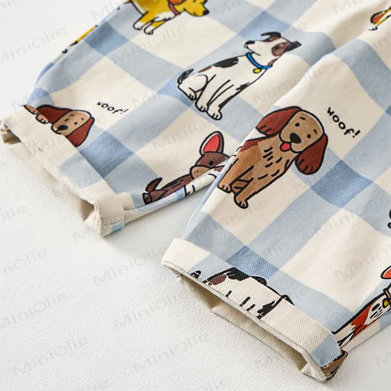 WOOF! Baby Toddler Dog Print Blue Checkered Overalls - image 7