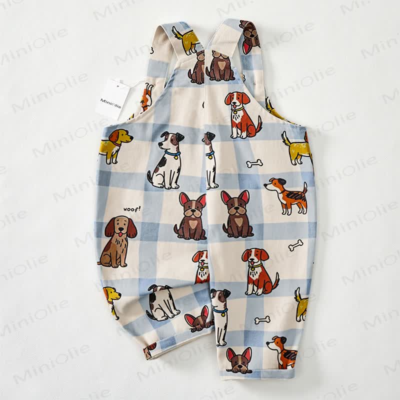 WOOF! Baby Toddler Dog Print Blue Checkered Overalls - image 3