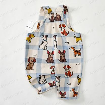 WOOF! Baby Toddler Dog Print Blue Checkered Overalls - image 3