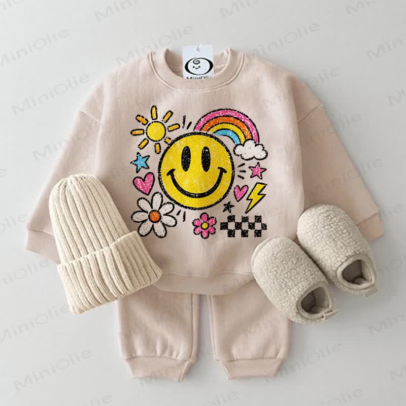 Baby Smiley Face Print Sweatshirt 2-piece Set - Beige - 2-3T - image 2
