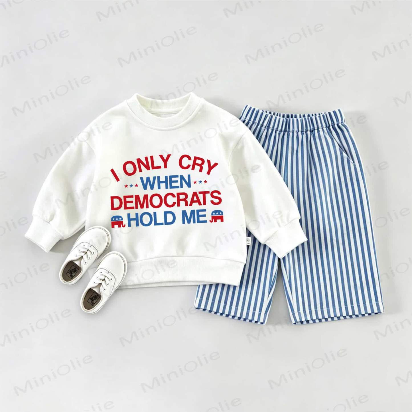 I ONLY CRY WHEN DEMOCRATS HOLD ME Baby Sweatshirt and Striped Pants Set - White&Blue - 2-3T - image 1
