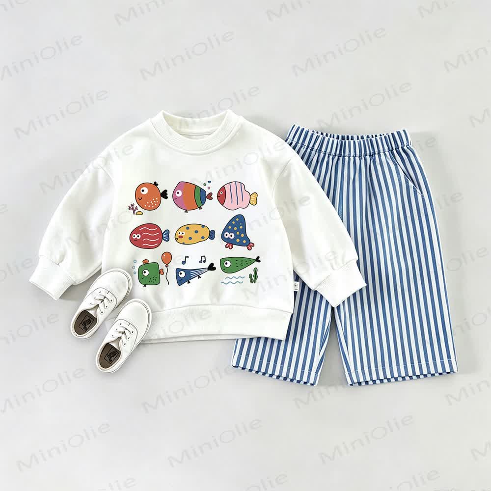 Baby Cartoon Fish Sweatshirt and Striped Pants Set - White&Blue - 2-3T - image 1