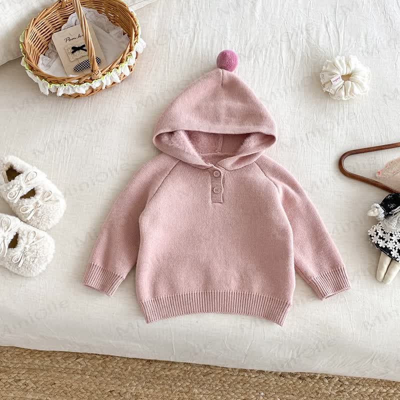 Baby Toddler Girl Pom Hood Knit Pullover Sweater - Pink - 2-3T - image 2