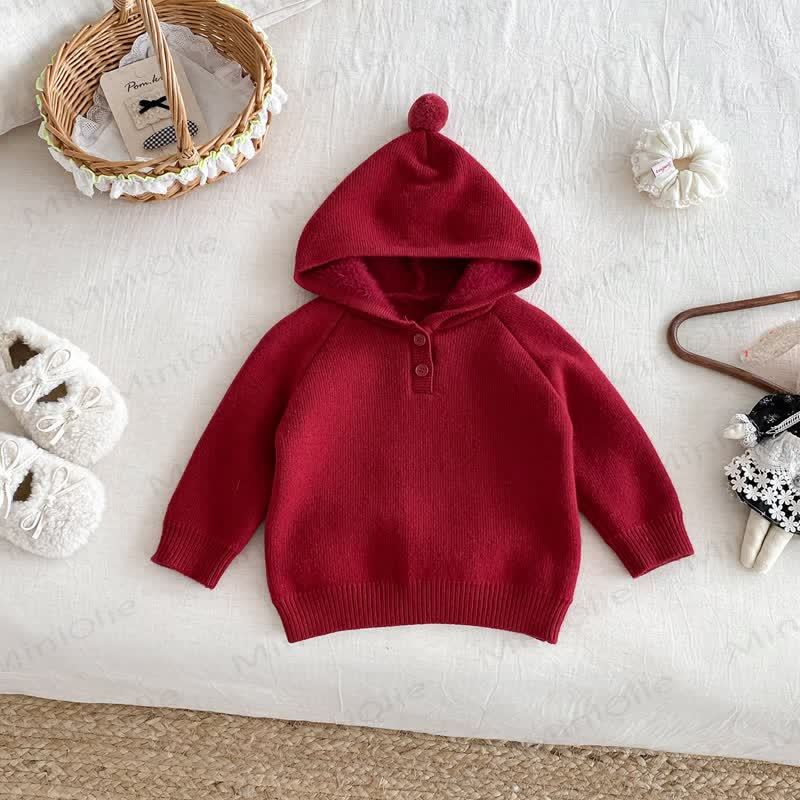 Baby Toddler Girl Pom Hood Knit Pullover Sweater - Red - 2-3T - image 3
