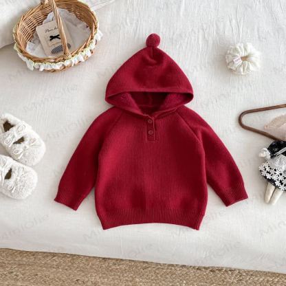 Baby Toddler Girl Pom Hood Knit Pullover Sweater - Red - 2-3T - image 3
