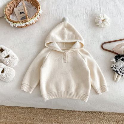 Baby Toddler Girl Pom Hood Knit Pullover Sweater - Beige - 2-3T - image 5