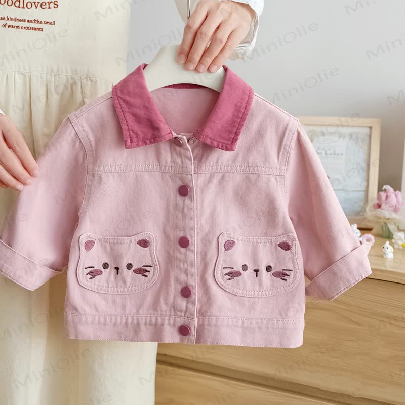Toddler Girl Pink Contrast Collar Cat Pocket Jacket - Pink - 8-9T - image 1