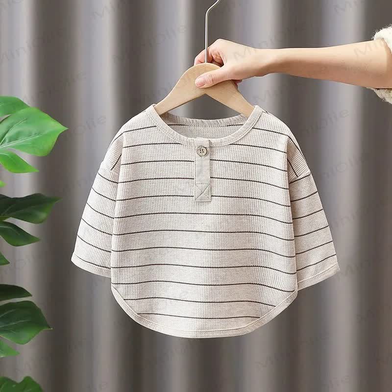 Toddler Boy Striped Henley Curved Hem T-Shirt - Beige - 6-7T - image 3
