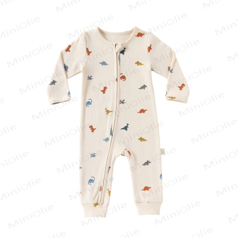 Baby Cartoon Print Ribbed Long Sleeve Zip Romper - Dino - 18-24M - image 5