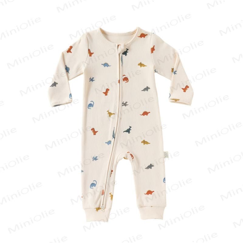 Baby Cartoon Print Ribbed Long Sleeve Zip Romper - Dino - 18-24M - image 5