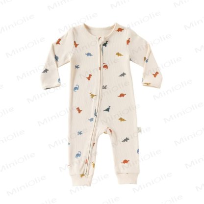 Baby Cartoon Print Ribbed Long Sleeve Zip Romper - Dino - 18-24M - image 5
