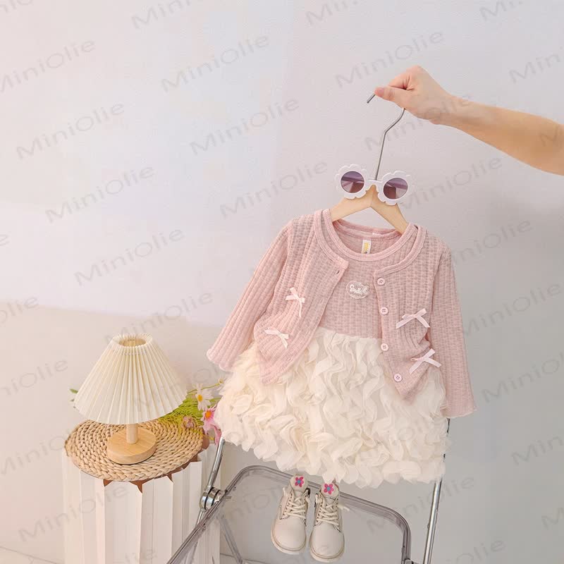 Baby Toddler Girl Pink Bow Knit Cardigan and Tulle Dress 2-piece Set - Pink - 3-4T - image 2