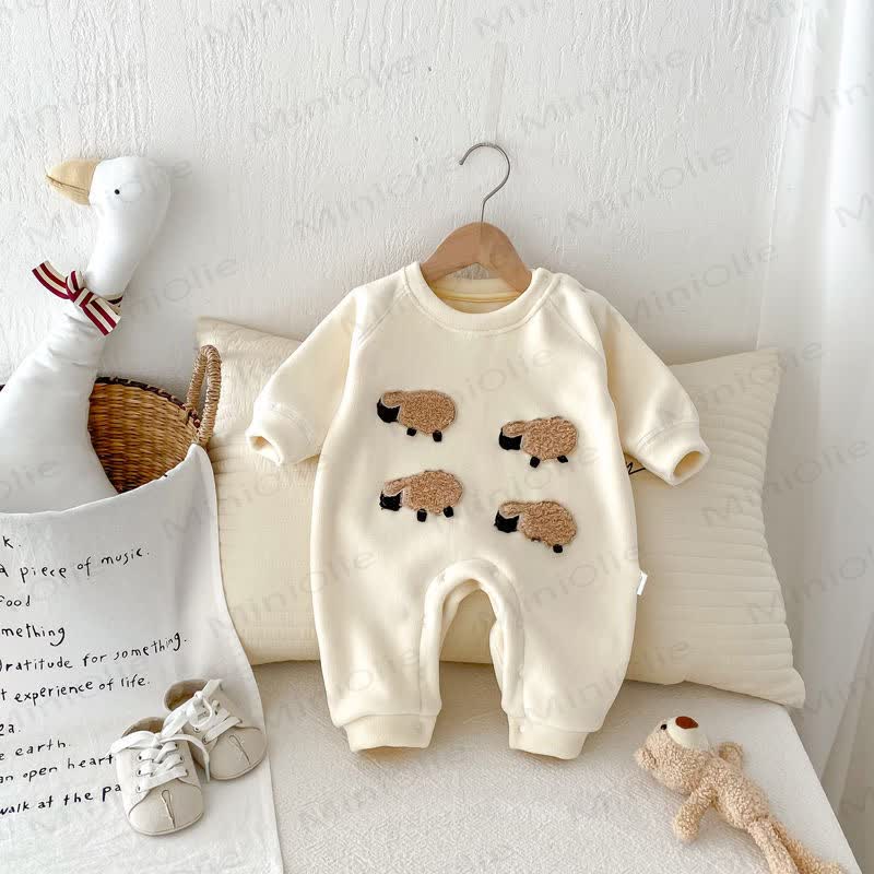 Baby Cozy Animal Fleece Lined Romper - Beige Sheep - 18-24M - image 1