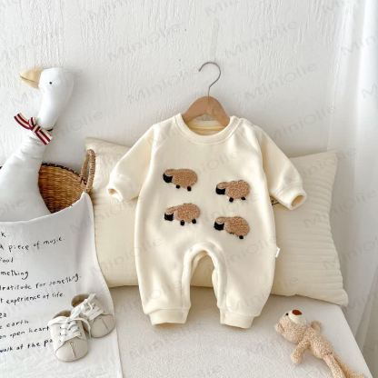 Baby Cozy Animal Fleece Lined Romper - Beige Sheep - 18-24M - image 1