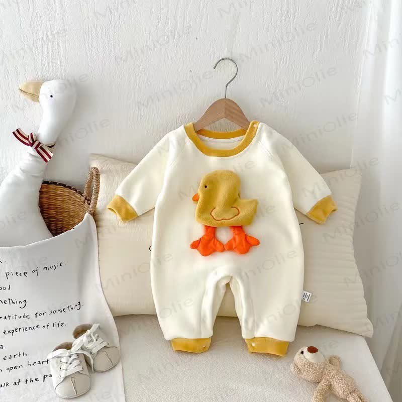 Baby Cozy Animal Fleece Lined Romper - Beige Duck - 18-24M - image 5