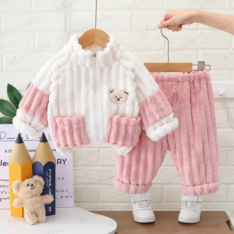 Baby Toddler Animal Patch Plush Zip Jacket and Pants 2-piece Set - Pink - 4-5T - image 2