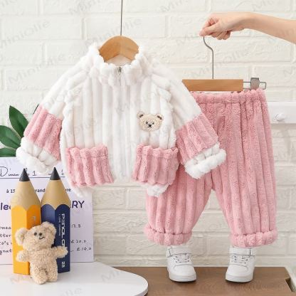 Baby Toddler Animal Patch Plush Zip Jacket and Pants 2-piece Set - Pink - 4-5T - image 2