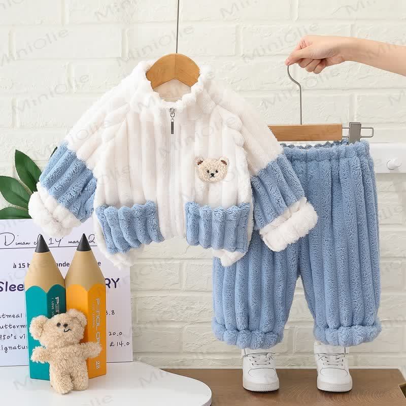 Baby Toddler Animal Patch Plush Zip Jacket and Pants 2-piece Set - Blue - 4-5T - image 3