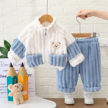 Baby Toddler Animal Patch Plush Zip Jacket and Pants 2-piece Set - Blue - 4-5T - image 3