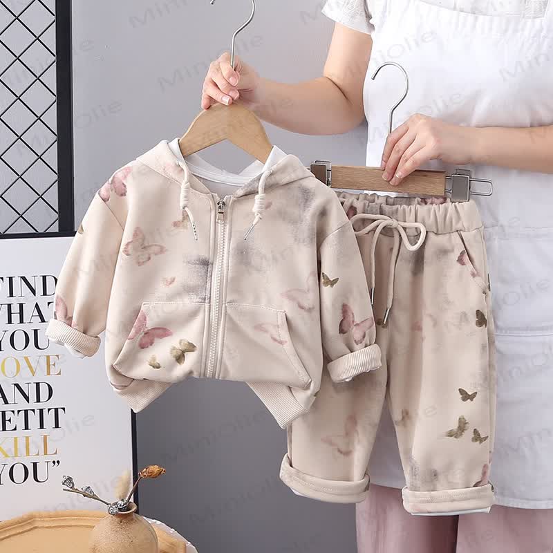 Baby Toddler Girl Butterfly Hooded Jacket and Pants 2-piece Set - Beige - 4-5T - image 2