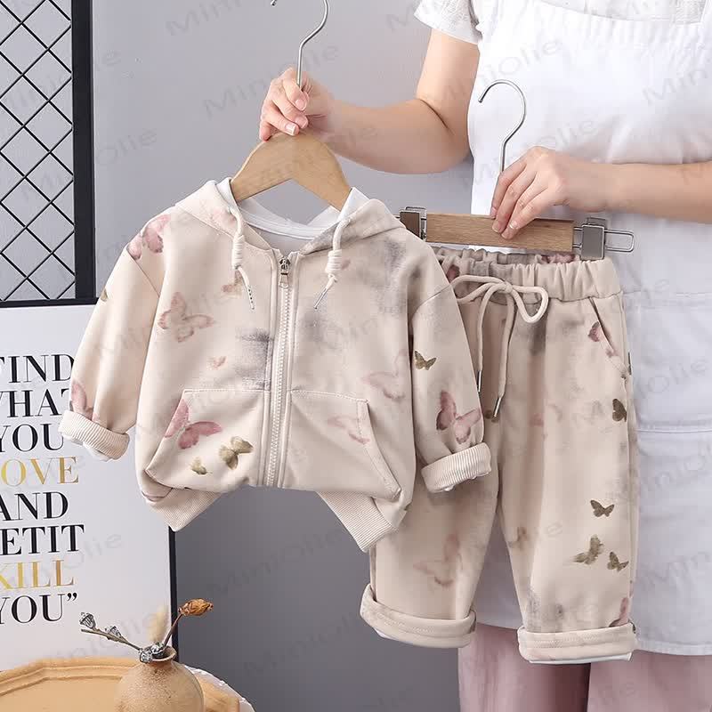 Baby Toddler Girl Butterfly Hooded Jacket and Pants 2-piece Set - Beige - 4-5T - image 2