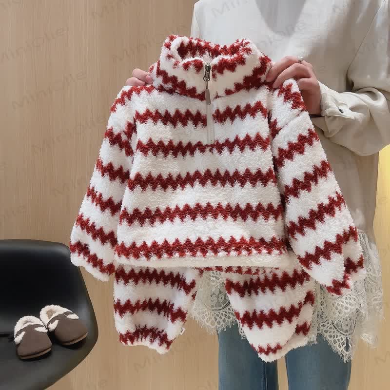 Toddler Zigzag Sherpa Zip Jacket and Pants 2-piece Set - Red - 10-11T - image 2